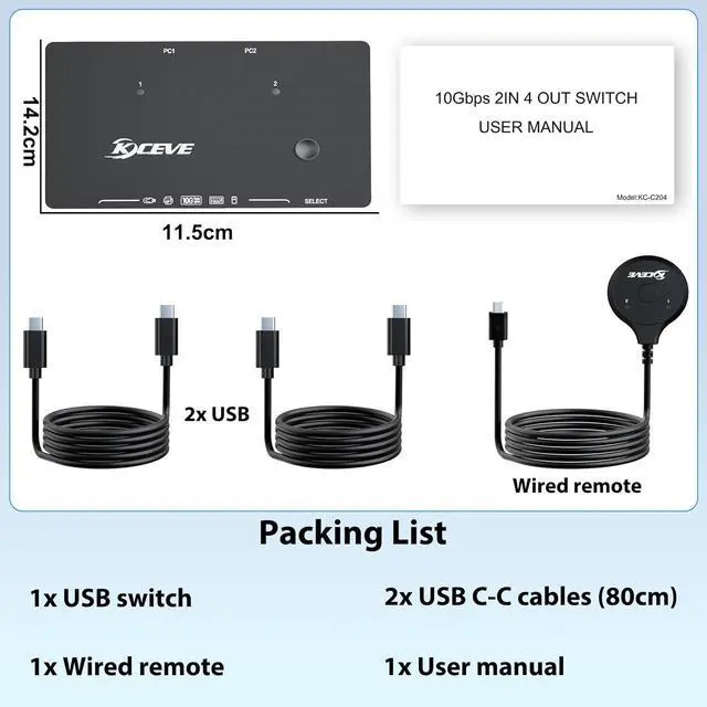 Alt view image 7 of 7 - USB 3.0 Switch 2 Computers Share 4 USB 3.2 Device, USB 3.2 10Gbps 2 in 4 Out USB C Switcher for 2 PC Share 4 USB Devices, Printer, Scanner, Mouse, Keyboard, with 2 USB C-C cables and Wired Remote