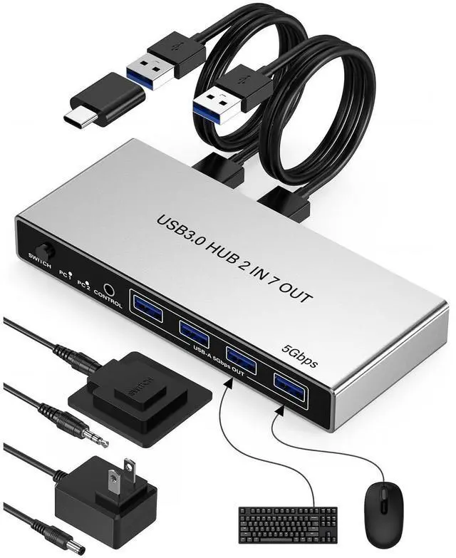 Main image of USB 3.0 Switch for 2 Computers, Sharing 4 USB-A & 3 USB-C Devices - 7 Port USB Switcher Selector to Share Keyboard, Mouse, USB Flash Drive, Printer, Scanner, with 2 USB 3.0 Cables and Controller