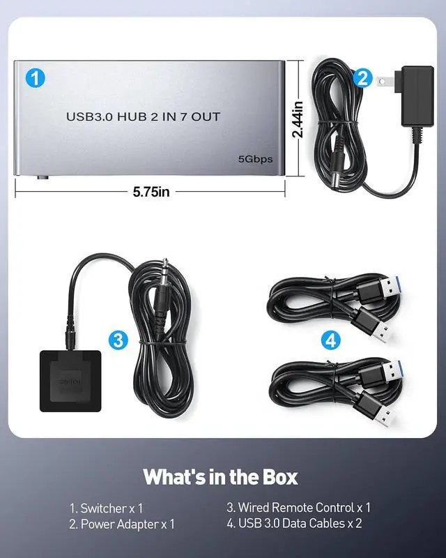 Alt view image 6 of 6 - USB 3.0 Switch for 2 Computers, Sharing 4 USB-A & 3 USB-C Devices - 7 Port USB Switcher Selector to Share Keyboard, Mouse, USB Flash Drive, Printer, Scanner, with 2 USB 3.0 Cables and Controller