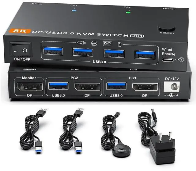 Main image of Displayport KVM Switch 2 Computers 1 Monitor, 8K@60Hz/4K@240Hz DP1.4 KVM Switch, 2 in 1 Out Displayport KVM Switches for 2 PCs share 1 Monitor and 4 USB 3.0 Devices, Wired Wired Remote Controller