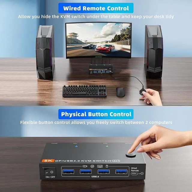 Alt view image 3 of 7 - Displayport KVM Switch 2 Computers 1 Monitor, 8K@60Hz/4K@240Hz DP1.4 KVM Switch, 2 in 1 Out Displayport KVM Switches for 2 PCs share 1 Monitor and 4 USB 3.0 Devices, Wired Wired Remote Controller