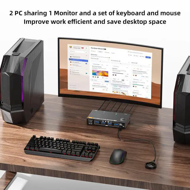 Alt view image 5 of 7 - Displayport KVM Switch 2 Computers 1 Monitor, 8K@60Hz/4K@240Hz DP1.4 KVM Switch, 2 in 1 Out Displayport KVM Switches for 2 PCs share 1 Monitor and 4 USB 3.0 Devices, Wired Wired Remote Controller
