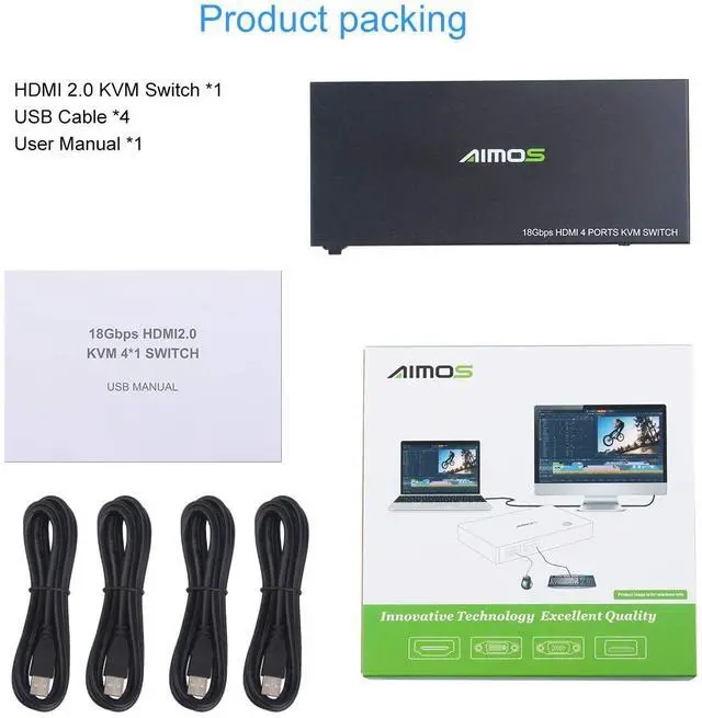 Alt view image 7 of 7 - WRIARICH KVM Switch HDMI 4 Port Box, HDMI2.0 KVM HDMI Switcher Support Wireless Keyboard and Mouse Connections and with USB Hub Port, UHD 4K @60Hz & 3D & 1080P Supported (with 4 USB Cables)