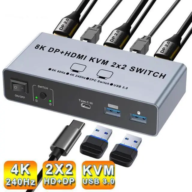 Main image of HDMI + Displayport KVM Switch 2 Computers 2 Monitors, Aluminum 8K@60Hz Dual Monitor KVM Switcher for 2 PC Share 2 Monitors and 4 USB 3.0 Ports, Support Extended/Copy Mode, with Desktop Controller