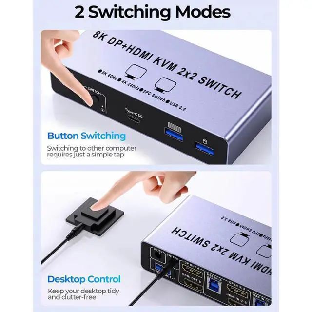 Alt view image 5 of 7 - HDMI + Displayport KVM Switch 2 Computers 2 Monitors, Aluminum 8K@60Hz Dual Monitor KVM Switcher for 2 PC Share 2 Monitors and 4 USB 3.0 Ports, Support Extended/Copy Mode, with Desktop Controller