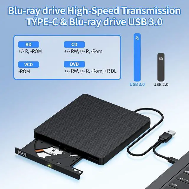 Alt view image 3 of 7 - WRIARICH External Blu-ray Drive, USB 3.0 & Type-C External CD DVD Drive, BD/DVD/CD Burner Portable Blu-ray Player with 3D Playback, Optical DVD Drive Compatible with Windows, Linux, Mac OS giyqxHw