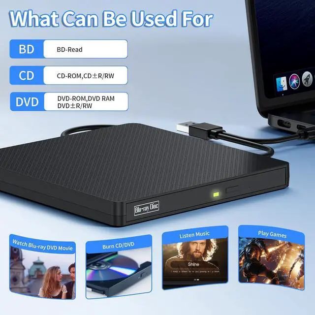 Alt view image 5 of 7 - WRIARICH External Blu-ray Drive, USB 3.0 & Type-C External CD DVD Drive, BD/DVD/CD Burner Portable Blu-ray Player with 3D Playback, Optical DVD Drive Compatible with Windows, Linux, Mac OS giyqxHw