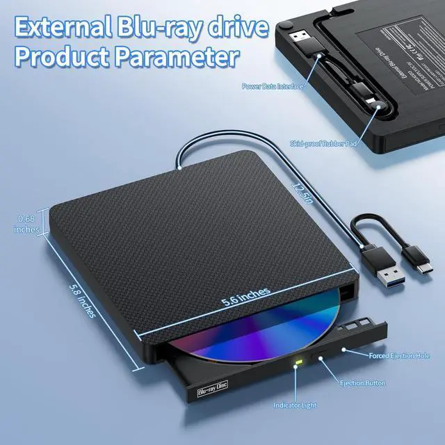Alt view image 2 of 7 - WRIARICH External Blu-ray Drive, USB 3.0 & Type-C External CD DVD Drive, BD/DVD/CD Burner Portable Blu-ray Player with 3D Playback, Optical DVD Drive Compatible with Windows, Linux, Mac OS giyqxHw