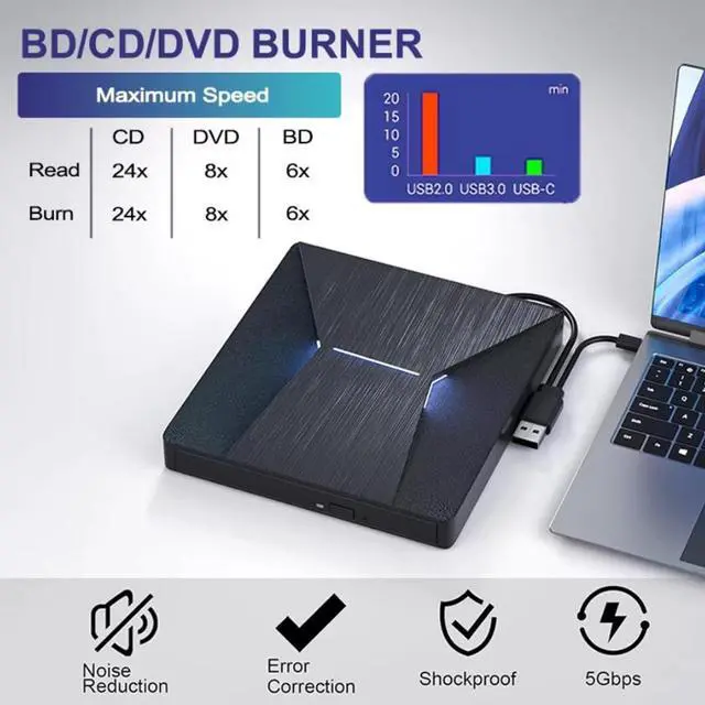 Alt view image 2 of 7 - External Blu Ray Drive, Portable Blu-ray Drive USB 3.0 and Type-C BD Player Read DVD 3D Optical Bluray CD DVD Drive Compatible with MacOS, Windows XP/7/8/10/11 for Laptop, MacBook, Desktop giyqxHw