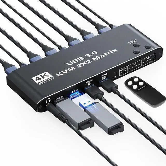 Main image of 4K HDMI KVM Switch 2 Monitors 2 Computers 1080P@120hz Dual Monitor Share with 4 USB 3.0 Devices, USB Keyboard Mouse Hotkey Switching, USB 3.0 KVM 2x2 Matrix Switch Printer Splitter for 2 Computers