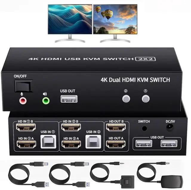 Main image of 2x2 KVM Switch 2 Monitors 2 Computers, 4K@60Hz Dual Monitor HDMI KVM Switch 2 PC Share 2 Monitor, Audio Mic Port and 3 USB Ports Support Extended and Copy Mode, PC Monitor Keyboard Mouse Switcher