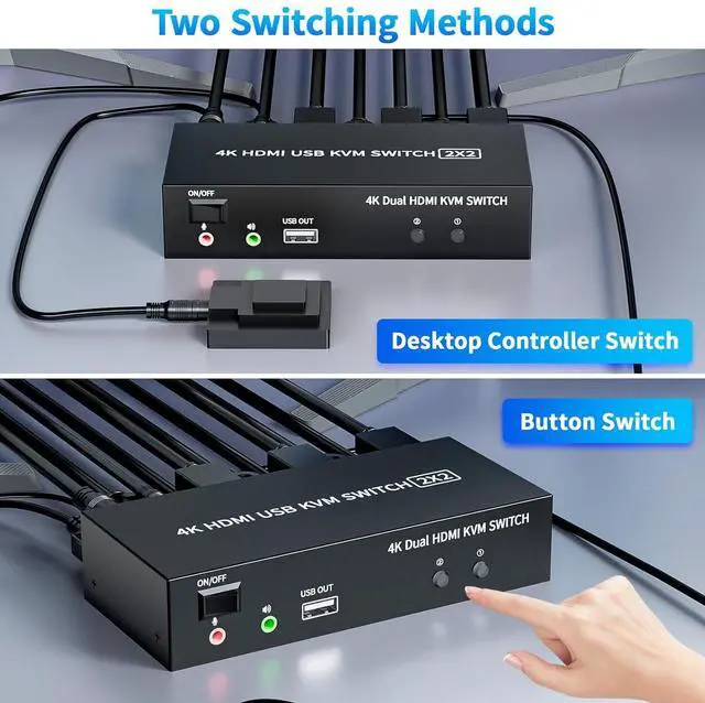 Alt view image 5 of 7 - 2x2 KVM Switch 2 Monitors 2 Computers, 4K@60Hz Dual Monitor HDMI KVM Switch 2 PC Share 2 Monitor, Audio Mic Port and 3 USB Ports Support Extended and Copy Mode, PC Monitor Keyboard Mouse Switcher
