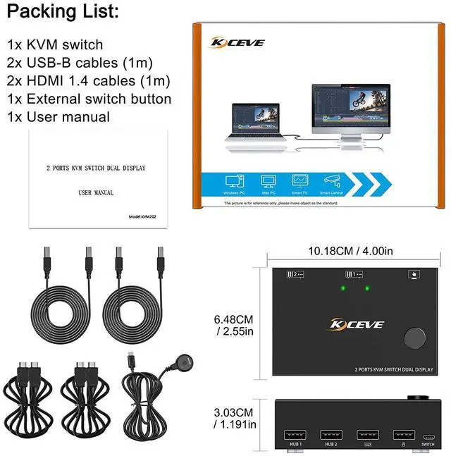 Alt view image 7 of 7 - Dual Monitor HDMI KVM Switch, 2 Port HDMI 4K @30Hz Switcher, USB HDMI Extended Display KVM Switcher for 2 Computers Share 2 Monitors and 4 USB 2.0 Hub,Desktop Controller and USB Cables Included