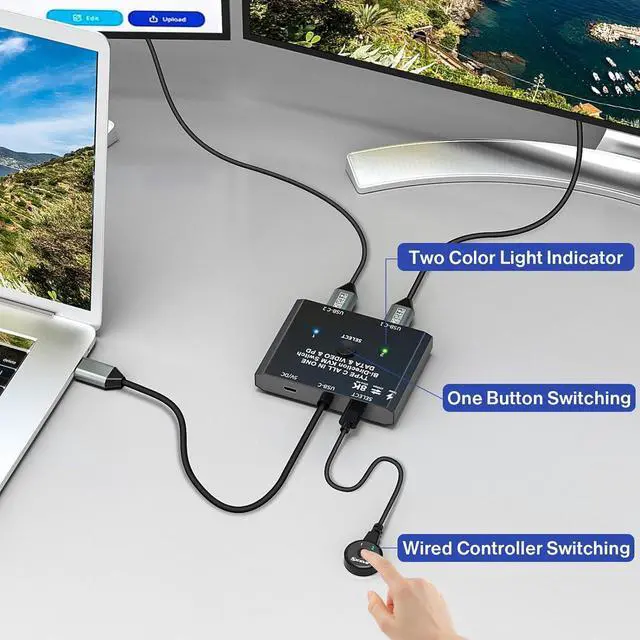 Alt view image 5 of 7 - WRIARICH USB C Switch, Bi-Directional USB C Switcher for 2 Laptops, USB Type C KVM Switch 8K@60Hz 4K@120Hz Video/10Gbps Data Transfer/100W Charging, 2 USB-C Cables and Remote Controller Included
