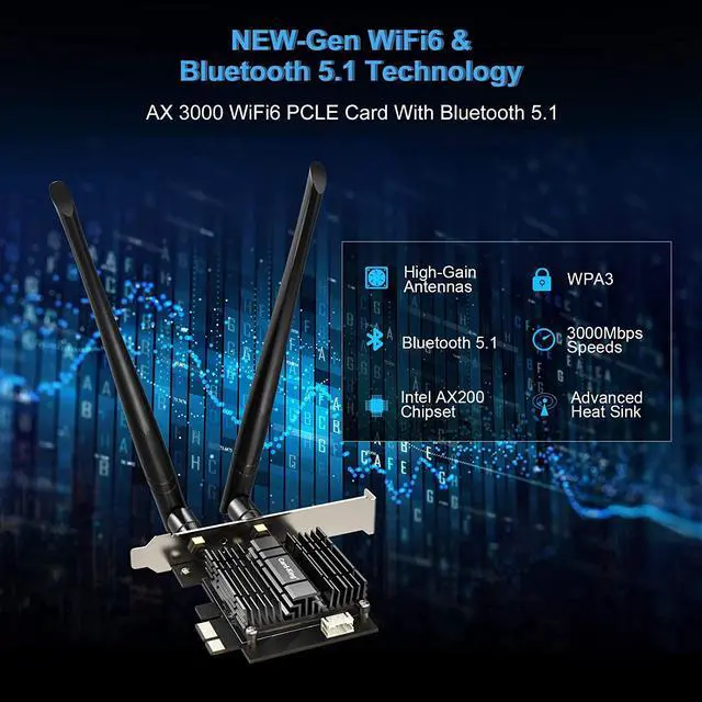 Alt view image 2 of 7 - WRIARICH Cardking WiFi 6 Card AX 3000Mbps PCIe Network Card AX200 802.11AX 2.4Ghz / 5.8Ghz with Bluetooth 5.0 & Heat Sink Wireless PCI Express Wi-Fi Adapters Dual Band Antenna for Windows 10 64-bit