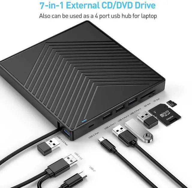 Main image of WRIARICH External CD DVD Drive, Ultra Slim CD Burner USB 3.0 with 4 USB Ports and 2 TF/SD Card Slots, Optical Disk Drive for Laptop Mac, PC Windows 11/10/8/7 Linux OS