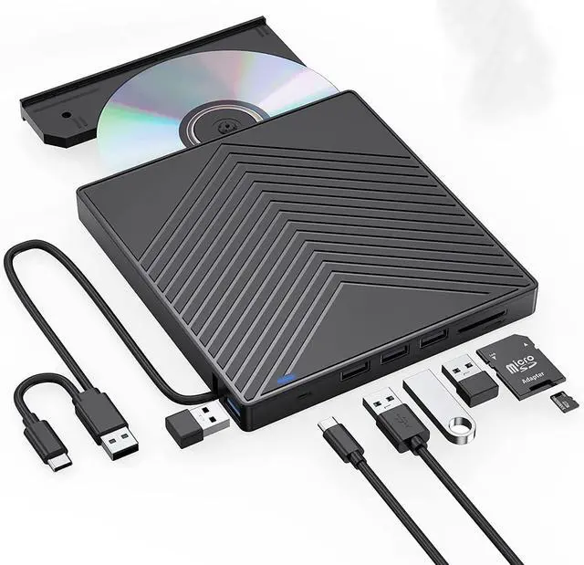 Alt view image 2 of 7 - WRIARICH External CD DVD Drive, Ultra Slim CD Burner USB 3.0 with 4 USB Ports and 2 TF/SD Card Slots, Optical Disk Drive for Laptop Mac, PC Windows 11/10/8/7 Linux OS
