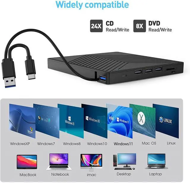 Alt view image 5 of 7 - WRIARICH External CD DVD Drive, Ultra Slim CD Burner USB 3.0 with 4 USB Ports and 2 TF/SD Card Slots, Optical Disk Drive for Laptop Mac, PC Windows 11/10/8/7 Linux OS