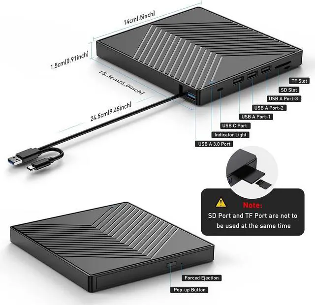 Alt view image 6 of 7 - WRIARICH External CD DVD Drive, Ultra Slim CD Burner USB 3.0 with 4 USB Ports and 2 TF/SD Card Slots, Optical Disk Drive for Laptop Mac, PC Windows 11/10/8/7 Linux OS
