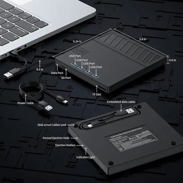 Alt view image 4 of 7 - External CD/DVD Drive for Laptop, 7 in 1 USB 3.0 & Type C Ultra-Slim Portable CD/DVD Player Burner, with 4 USB 3.0 Hub and SD TF Slot, CD ROM External DVD Player for Windows 11/10/8/7 Linux, MacOS