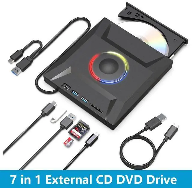 Main image of USB 3.0 and Type-C External CD DVD Drive, 7 in 1 External DVD CD Burner Player Writer with 2 USB Ports and 1 TF/SD Card Slots, Portable Slim Optical Disk Driver for Laptop Mac PC Windows Linux OS