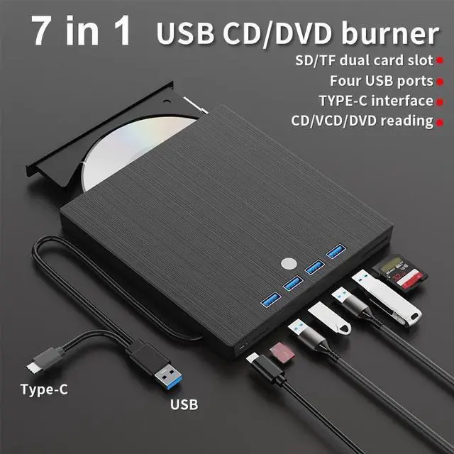 Main image of WRIARICH 7-in-1 USB 3.0 & Type-C External CD DVD Drive, Portable External DVD/CD/RW Drive - Slim Plug & Play Burner for Laptop, PC, 11/10/8/7/XP/Linux/MacOS - with 4 USB A Ports, SD/TF Card Reader