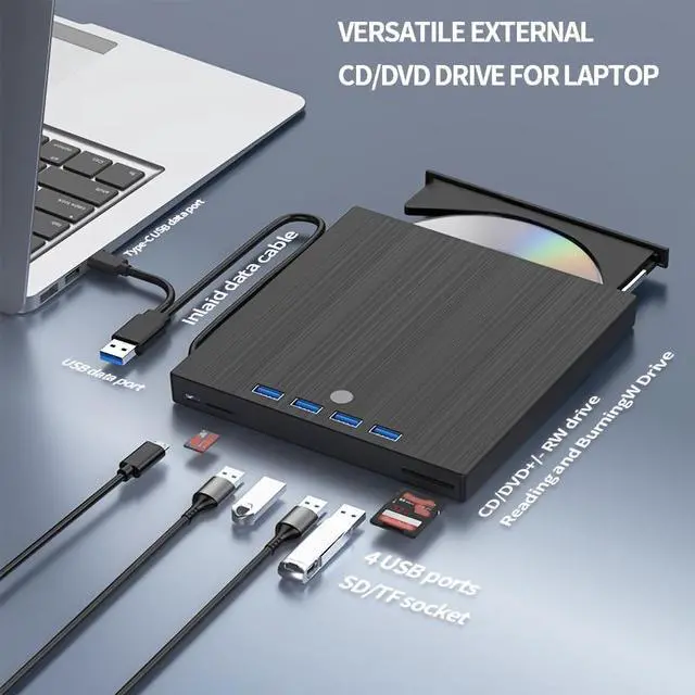 Alt view image 2 of 7 - WRIARICH 7-in-1 USB 3.0 & Type-C External CD DVD Drive, Portable External DVD/CD/RW Drive - Slim Plug & Play Burner for Laptop, PC, 11/10/8/7/XP/Linux/MacOS - with 4 USB A Ports, SD/TF Card Reader