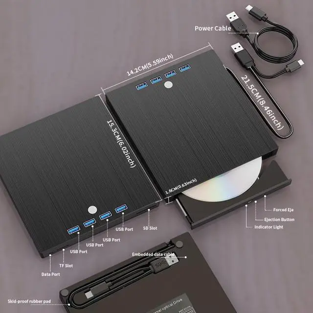 Alt view image 3 of 7 - WRIARICH 7-in-1 USB 3.0 & Type-C External CD DVD Drive, Portable External DVD/CD/RW Drive - Slim Plug & Play Burner for Laptop, PC, 11/10/8/7/XP/Linux/MacOS - with 4 USB A Ports, SD/TF Card Reader
