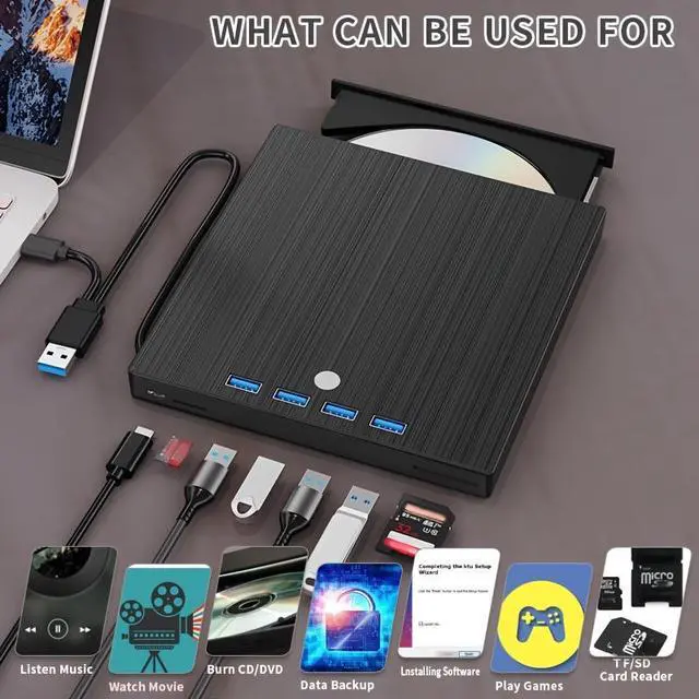 Alt view image 4 of 7 - WRIARICH 7-in-1 USB 3.0 & Type-C External CD DVD Drive, Portable External DVD/CD/RW Drive - Slim Plug & Play Burner for Laptop, PC, 11/10/8/7/XP/Linux/MacOS - with 4 USB A Ports, SD/TF Card Reader