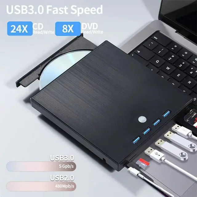 Alt view image 7 of 7 - WRIARICH 7-in-1 USB 3.0 & Type-C External CD DVD Drive, Portable External DVD/CD/RW Drive - Slim Plug & Play Burner for Laptop, PC, 11/10/8/7/XP/Linux/MacOS - with 4 USB A Ports, SD/TF Card Reader