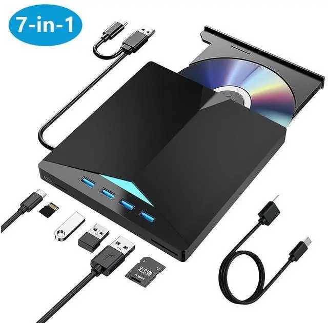 Main image of External CD DVD Drive, USB 3.0 Type-C DVD/CD+/-RW Burner Drive with Breathing Light with Colour Changing, 7 in 1 External Optical Drive with 4 USB Port & SD TF Slot for Windows 11/10/8/7 Linux Mac OS