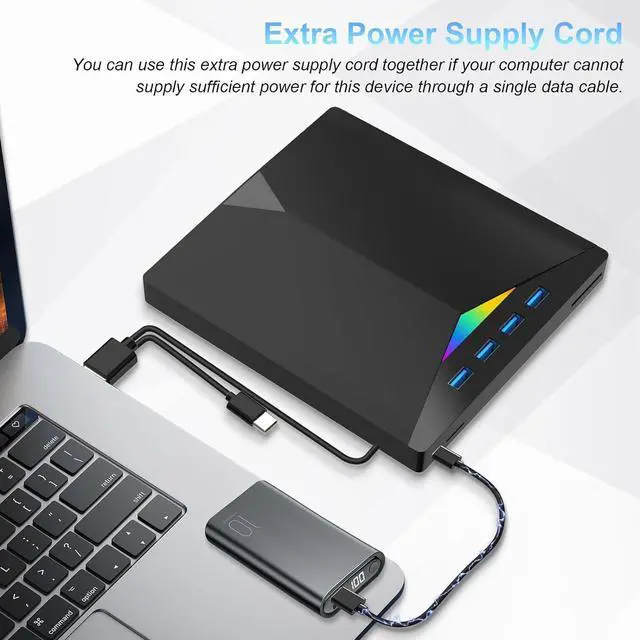 Alt view image 4 of 7 - External CD DVD Drive, USB 3.0 Type-C DVD/CD+/-RW Burner Drive with Breathing Light with Colour Changing, 7 in 1 External Optical Drive with 4 USB Port & SD TF Slot for Windows 11/10/8/7 Linux Mac OS