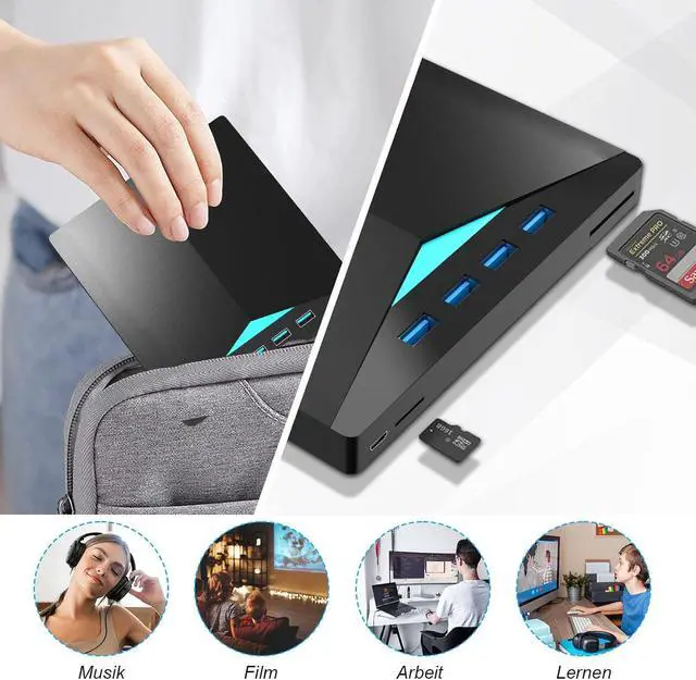Alt view image 6 of 7 - External CD DVD Drive, USB 3.0 Type-C DVD/CD+/-RW Burner Drive with Breathing Light with Colour Changing, 7 in 1 External Optical Drive with 4 USB Port & SD TF Slot for Windows 11/10/8/7 Linux Mac OS