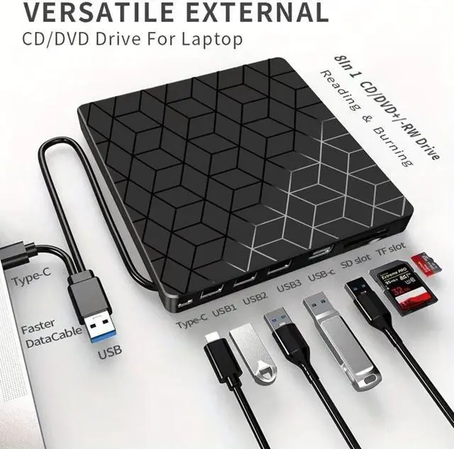 Alt view image 5 of 6 - External CD DVD Drive, 7 in 1 USB & Type C External DVD Drive, Ultra Slim CD Burner with 4 USB Ports and 2 TF/SD Card Slots, Optical Disk Drive for Laptop Desktop PC Windows 11/10/8/7 Linux Mac OS