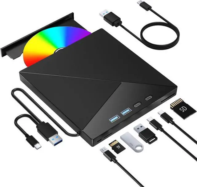 Main image of WRIARICH 7-in-1 External CD DVD Drive, CD/DVD Burner for Laptop PC Desktop DVD Player Reader Writer USB 3.0 USB C TF/SD Card Ports Compatible with Win11/10/8.1/7/Vista/2003/Xp/Mac Os/Linux