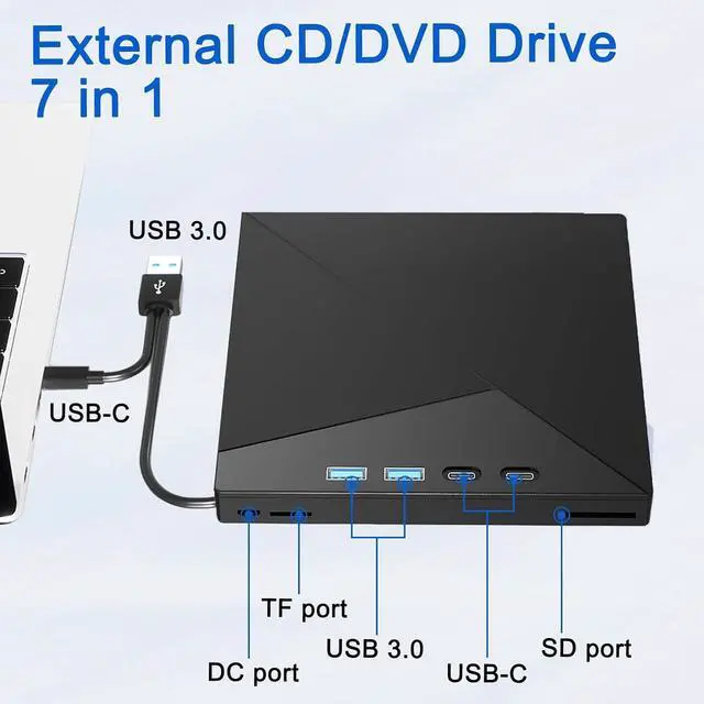 Alt view image 6 of 7 - WRIARICH 7-in-1 External CD DVD Drive, CD/DVD Burner for Laptop PC Desktop DVD Player Reader Writer USB 3.0 USB C TF/SD Card Ports Compatible with Win11/10/8.1/7/Vista/2003/Xp/Mac Os/Linux