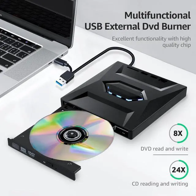 Alt view image 5 of 7 - 5 In 1 External CD DVD Drive for Laptop,Type-C USB 3.0 Portable CD DVD Burner Rewriter with SD Slot & 2 USB Ports, 8X DVD 24X CD Fast Speed CD/DVD Drive Reader for Laptop PC MacOS Linux Windows