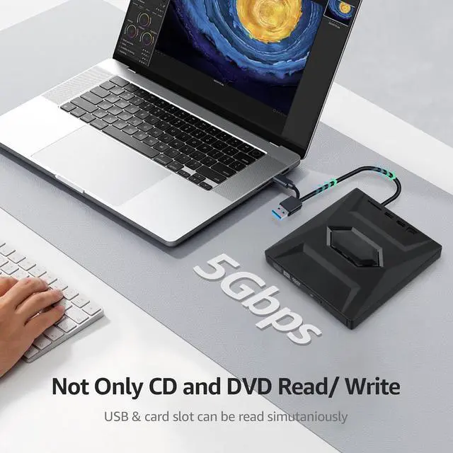 Alt view image 3 of 7 - 5 In 1 External CD DVD Drive for Laptop,Type-C USB 3.0 Portable CD DVD Burner Rewriter with SD Slot & 2 USB Ports, 8X DVD 24X CD Fast Speed CD/DVD Drive Reader for Laptop PC MacOS Linux Windows