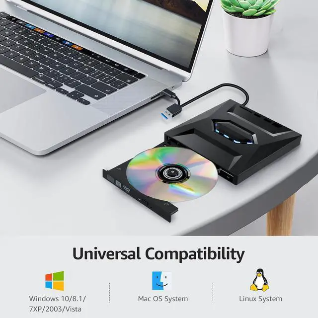 Alt view image 6 of 7 - 5 In 1 External CD DVD Drive for Laptop,Type-C USB 3.0 Portable CD DVD Burner Rewriter with SD Slot & 2 USB Ports, 8X DVD 24X CD Fast Speed CD/DVD Drive Reader for Laptop PC MacOS Linux Windows