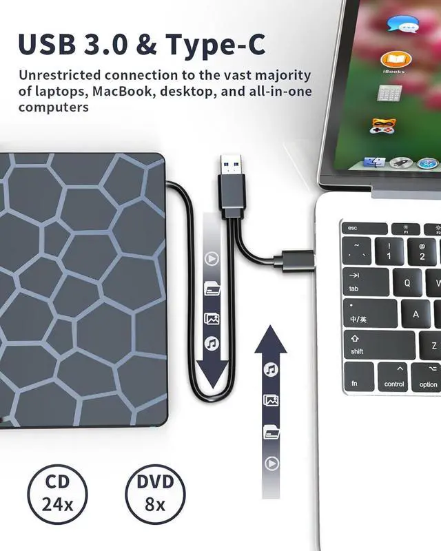 Alt view image 4 of 7 - External CD DVD Drive for Laptop, 8 in 1 USB 3.0 Type-C Disc Reader Writer Burner Player with 4 USB & SD TF Port, Slim Portable CD DVD +/-RW Optical Drive for PC Laptop Desktop Windows Linux MacOS