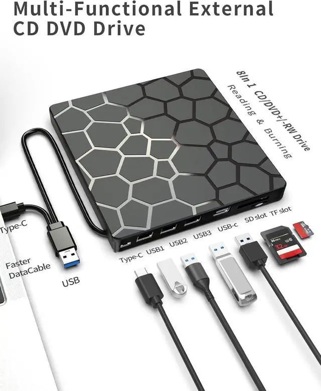 Alt view image 6 of 7 - External CD DVD Drive for Laptop, 8 in 1 USB 3.0 Type-C Disc Reader Writer Burner Player with 4 USB & SD TF Port, Slim Portable CD DVD +/-RW Optical Drive for PC Laptop Desktop Windows Linux MacOS