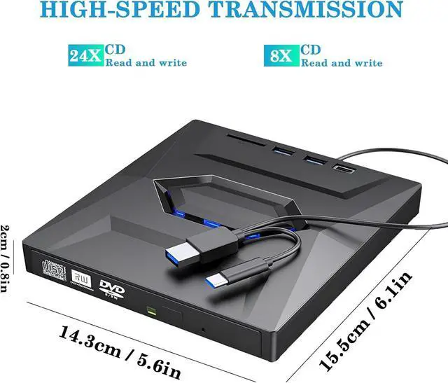 Alt view image 2 of 7 - 5-in-1 External CD DVD Drive, USB C & USB 3.0 Portable CD/DVD +/-RW Drive/DVD Player with SD Card Reader USB 3.0 & Type C Hub CD ROM Burner Compatible with Laptop Desktop PC Windows Linux Mac OS