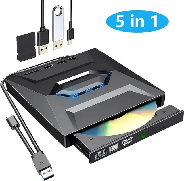 Main image of 5-in-1 External CD DVD Drive, USB C & USB 3.0 Portable CD/DVD +/-RW Drive/DVD Player with SD Card Reader USB 3.0 & Type C Hub CD ROM Burner Compatible with Laptop Desktop PC Windows Linux Mac OS