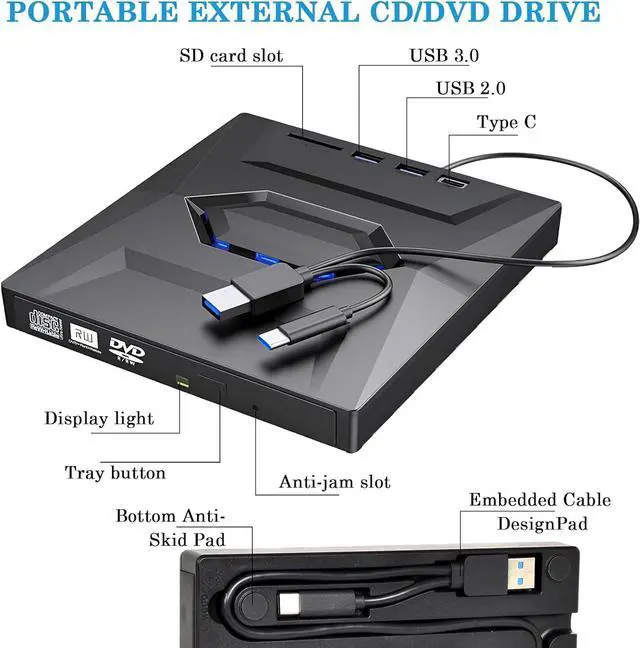 Alt view image 3 of 7 - 5-in-1 External CD DVD Drive, USB C & USB 3.0 Portable CD/DVD +/-RW Drive/DVD Player with SD Card Reader USB 3.0 & Type C Hub CD ROM Burner Compatible with Laptop Desktop PC Windows Linux Mac OS