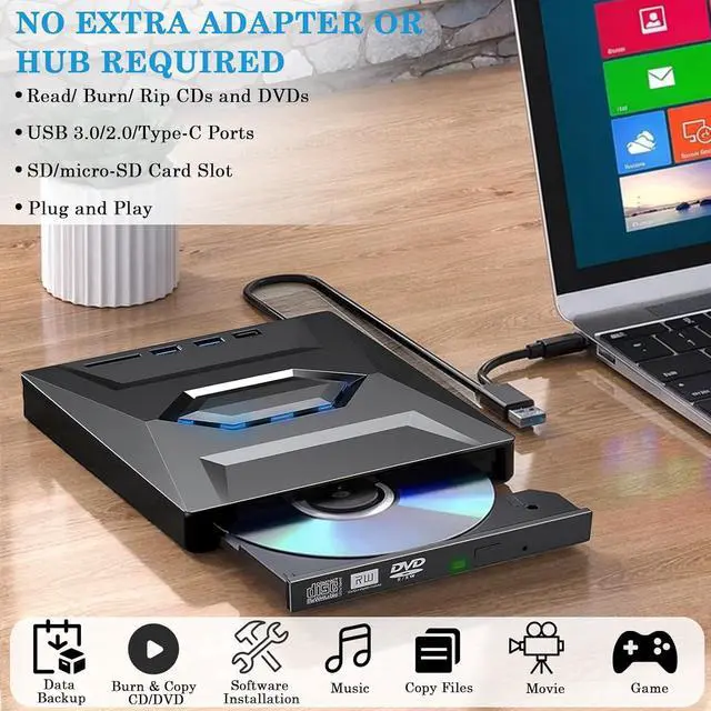 Alt view image 6 of 7 - 5-in-1 External CD DVD Drive, USB C & USB 3.0 Portable CD/DVD +/-RW Drive/DVD Player with SD Card Reader USB 3.0 & Type C Hub CD ROM Burner Compatible with Laptop Desktop PC Windows Linux Mac OS