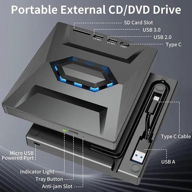 Alt view image 2 of 7 - WRIARICH External CD DVD Drive, 5 in 1 USB 3.0 & USB C Portable CD/DVD +/-RW Burner DVD Player for Laptop with SD Card Reader USB 3.0 Type C Hub Compatible with Laptop Desktop PC Windows Linux, MacOS