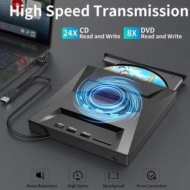 Alt view image 4 of 7 - WRIARICH External CD DVD Drive, 5 in 1 USB 3.0 & USB C Portable CD/DVD +/-RW Burner DVD Player for Laptop with SD Card Reader USB 3.0 Type C Hub Compatible with Laptop Desktop PC Windows Linux, MacOS