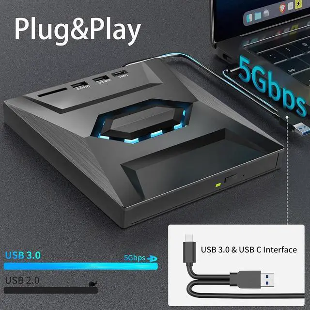 Alt view image 6 of 7 - WRIARICH External CD DVD Drive, 5 in 1 USB 3.0 & USB C Portable CD/DVD +/-RW Burner DVD Player for Laptop with SD Card Reader USB 3.0 Type C Hub Compatible with Laptop Desktop PC Windows Linux, MacOS