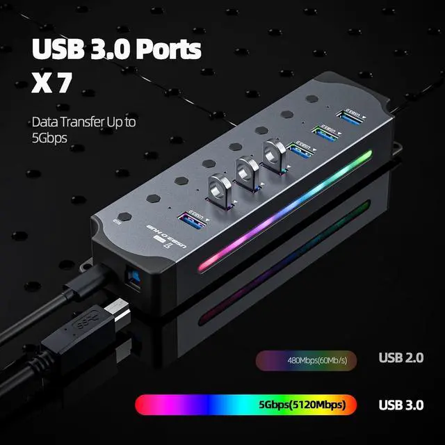 Alt view image 2 of 7 - USB 3.0 USB Hub, 7-Ports USB 3.0 RGB Hub with 14 Color RGB LED Strip, Three Dynamic Modes, Independent Button Switches, Aluminum Gaming USB Hub 3.0 for PC and Laptops giyqxHw