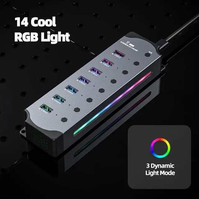 Alt view image 3 of 7 - USB 3.0 USB Hub, 7-Ports USB 3.0 RGB Hub with 14 Color RGB LED Strip, Three Dynamic Modes, Independent Button Switches, Aluminum Gaming USB Hub 3.0 for PC and Laptops giyqxHw
